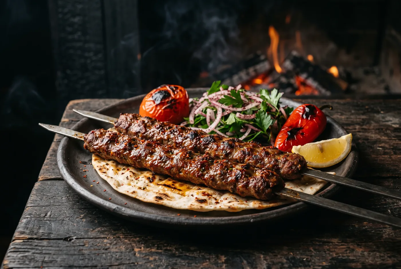 Kebab Adana — Agneau haché au couteau, poivrons grillés, oignons au sumac, lavash