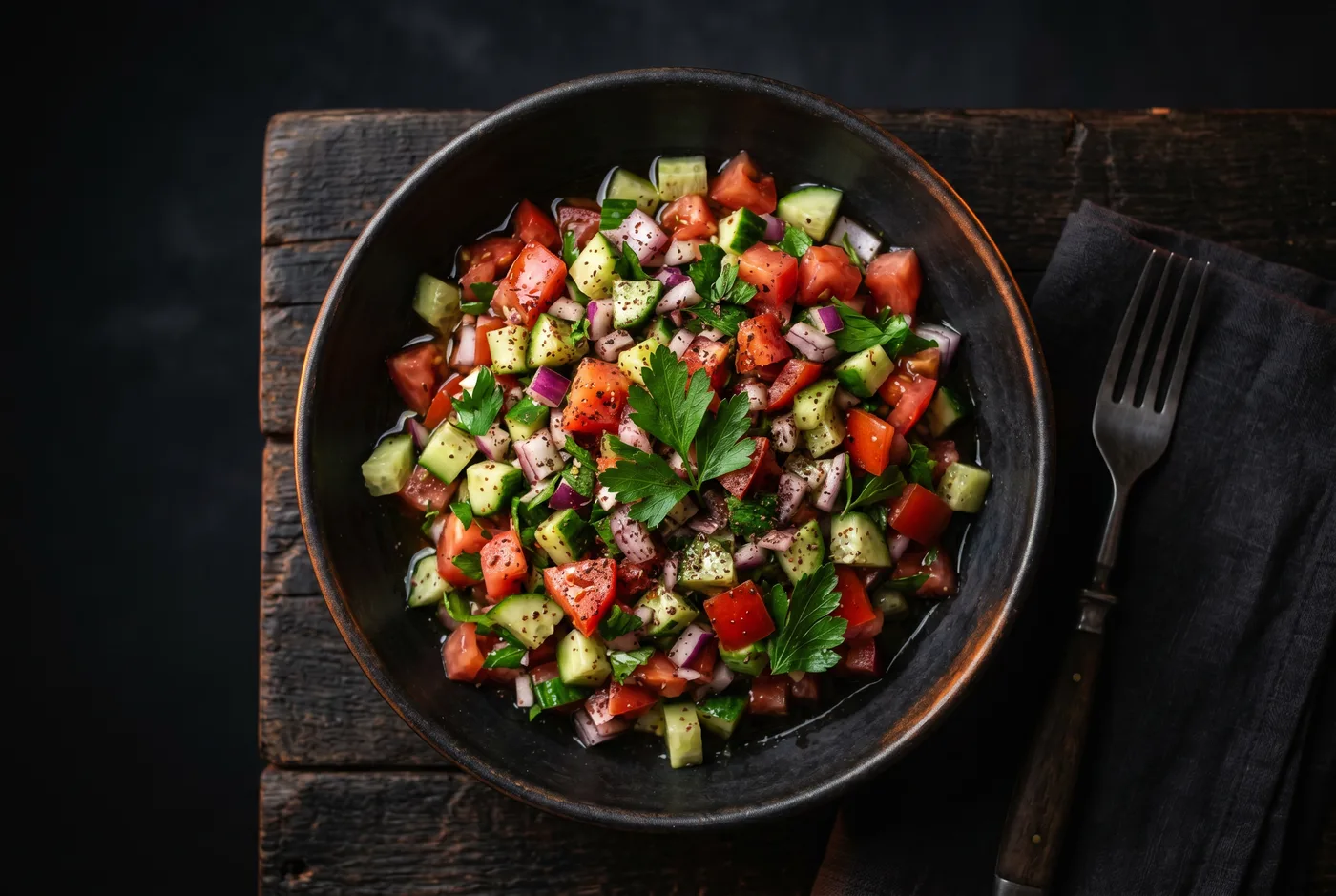 Salade du Berger — Tomate, concombre, oignon, persil, mélasse de grenade