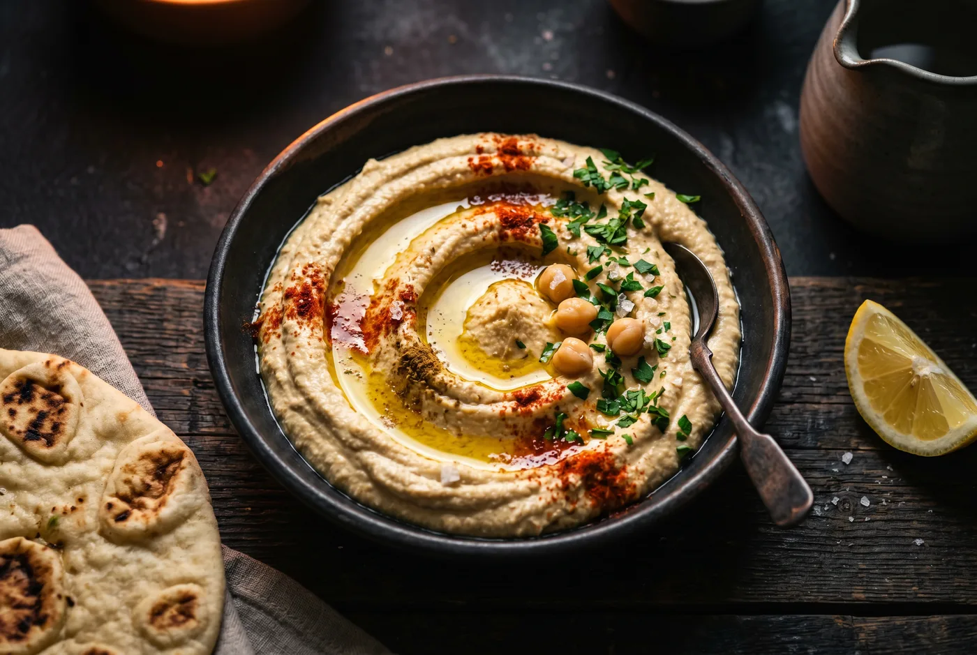 Houmous — Pois chiches, tahini, citron, huile d’olive, cumin