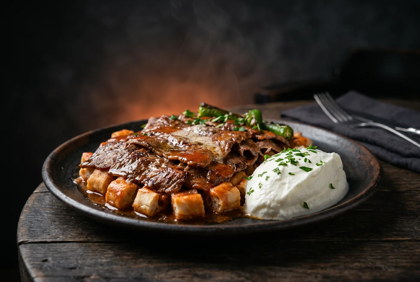 İskender — Döner, sauce tomate au beurre, pain pide, yaourt épais