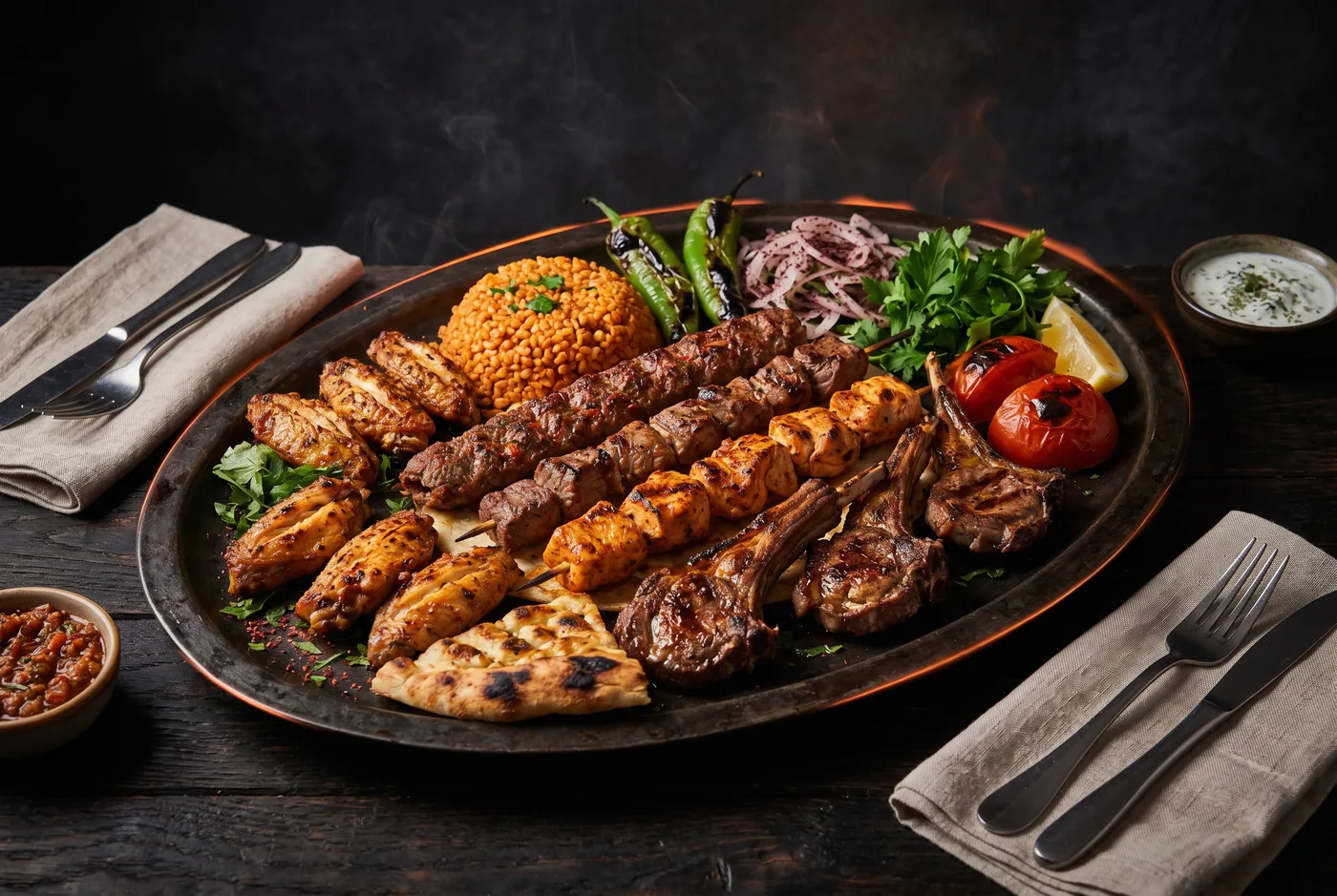 Grillade Mixte (2 pers.) — Adana, agneau, poulet, ailes et côtelettes ; servi avec boulgour