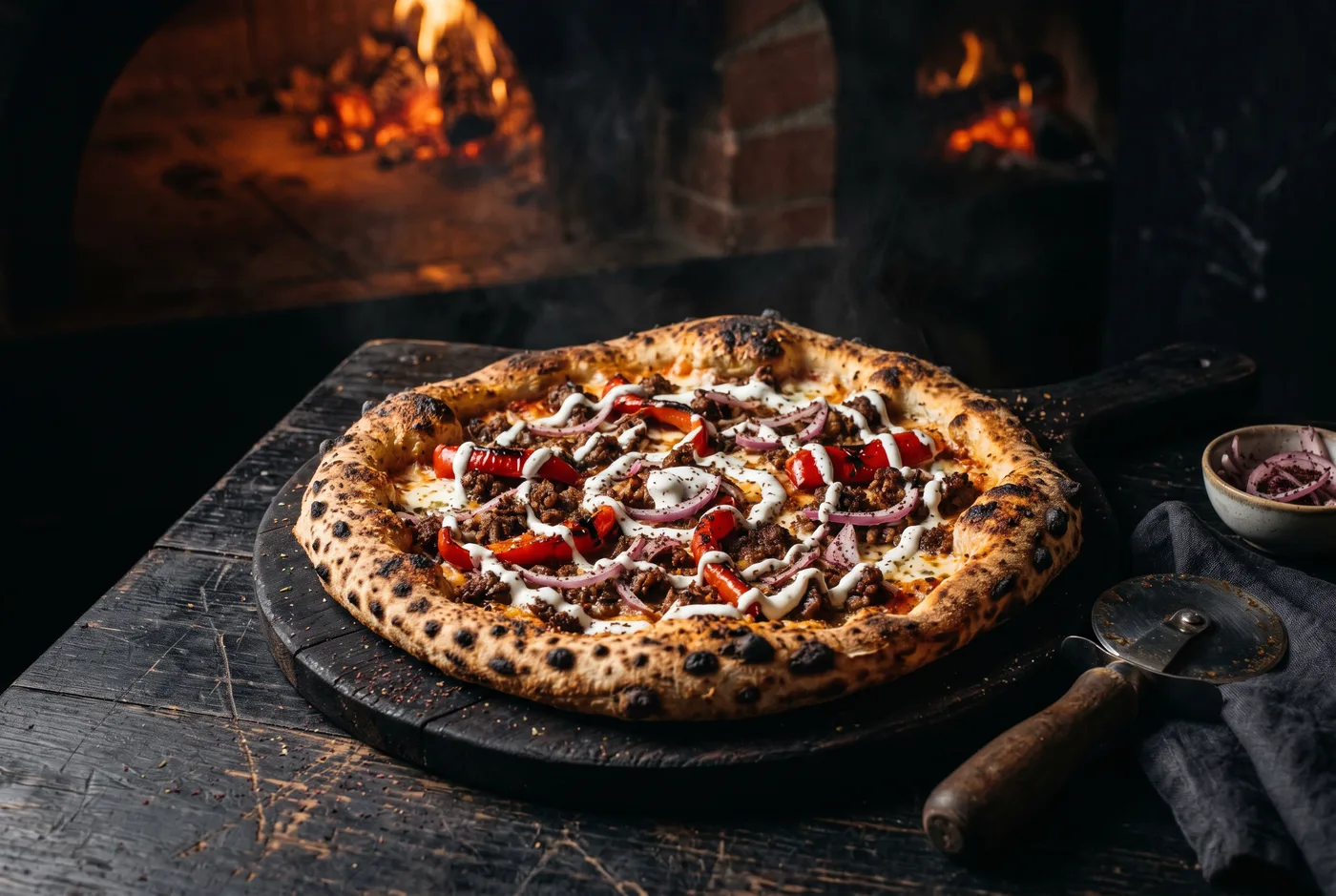 Pizza Kebab Seven7 — Viande Adana, poivrons grillés, oignons au sumac, sauce yaourt