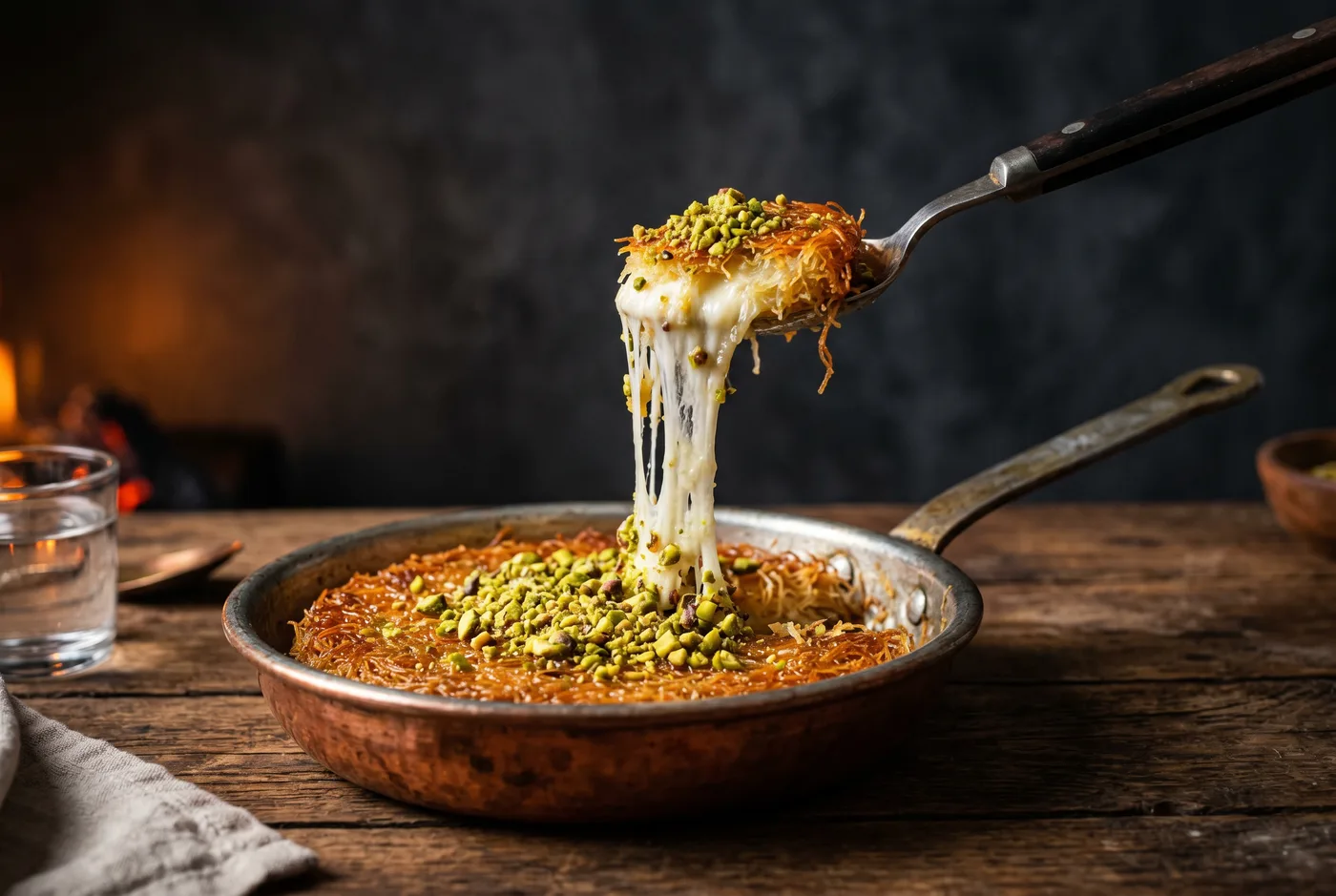 Künefe — Kadaïf, fromage frais, sirop ; servi chaud