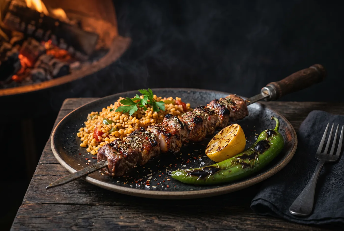 Brochette d’Agneau — Agneau mariné une nuit, thym, piment d’Alep