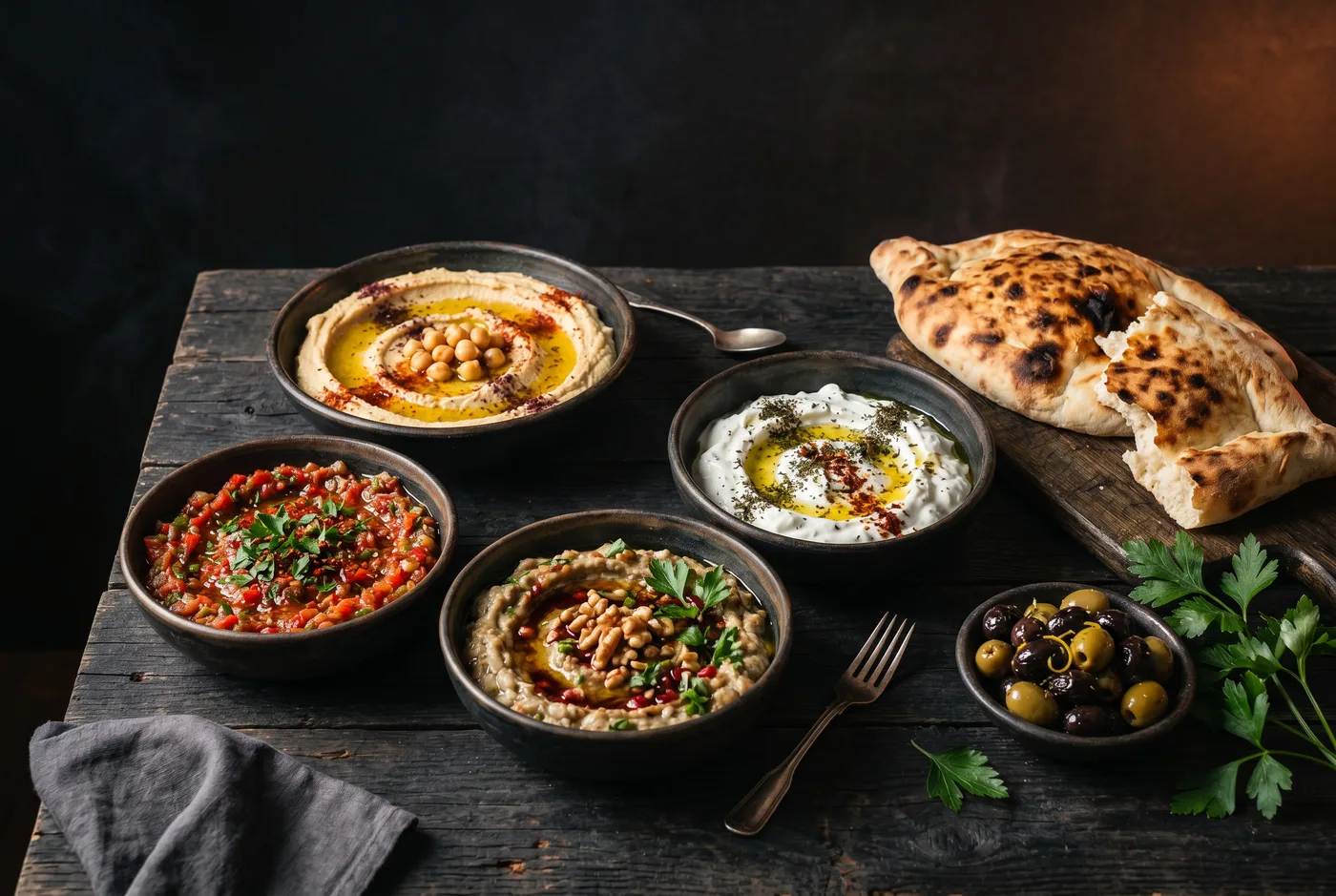Assiette de Mezzés — Houmous, haydari, ezme épicé, baba ganousch ; pain chaud