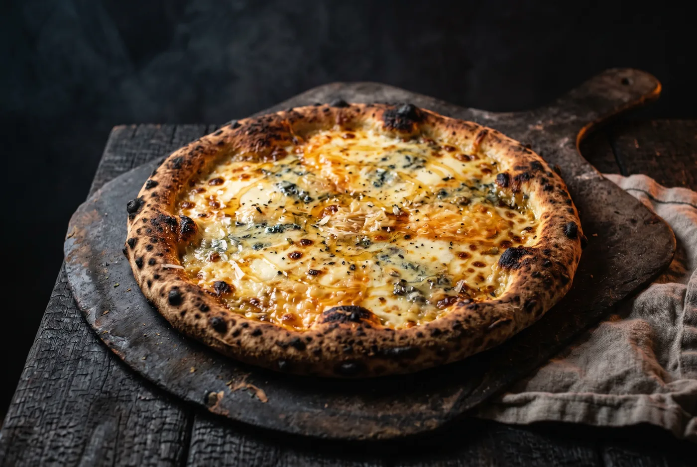 Quattro Formaggi — Mozzarella, gorgonzola, munster, parmesan ; miel