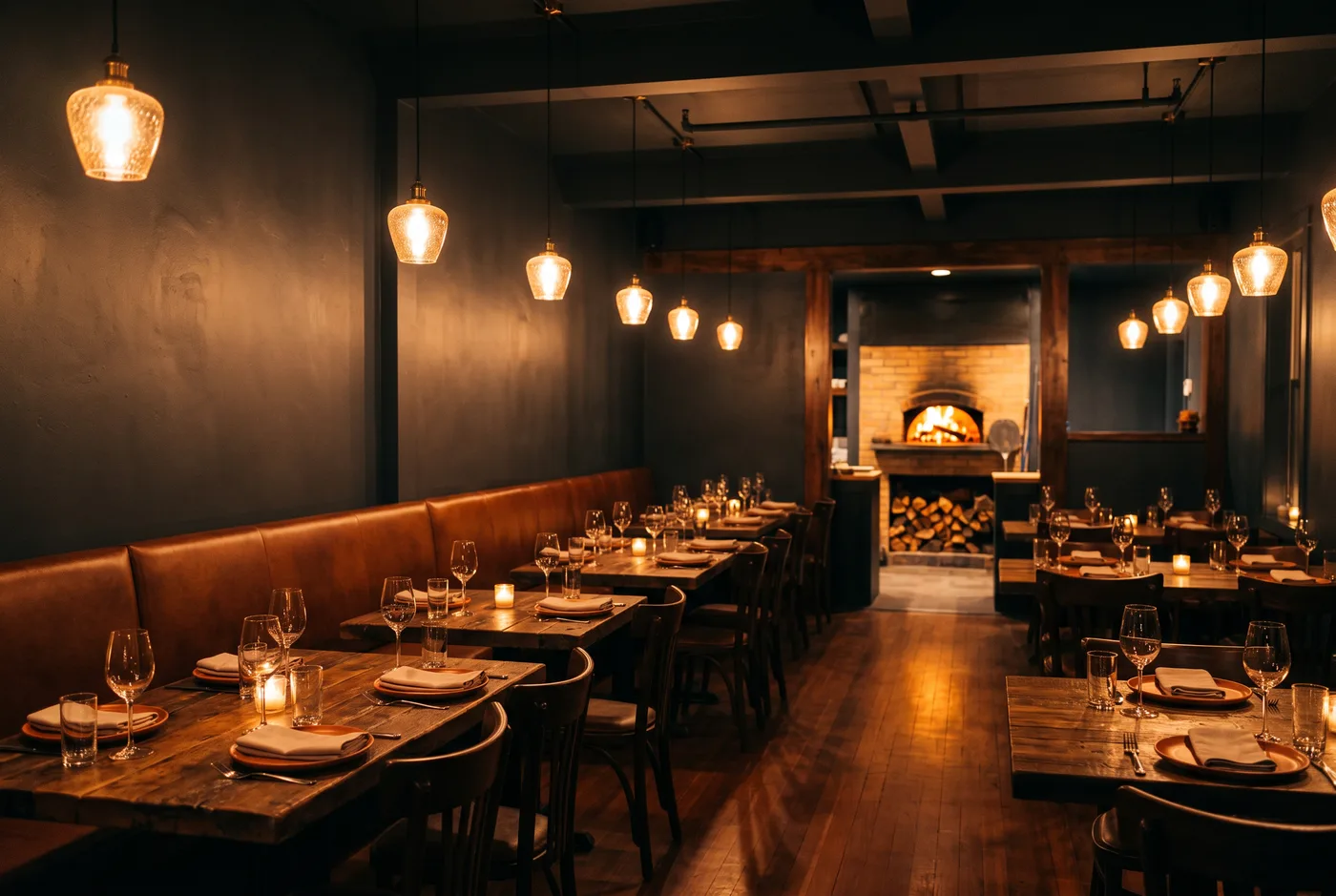 La salle du restaurant : tables en bois, lumière chaude et cuisine ouverte en arrière-plan.