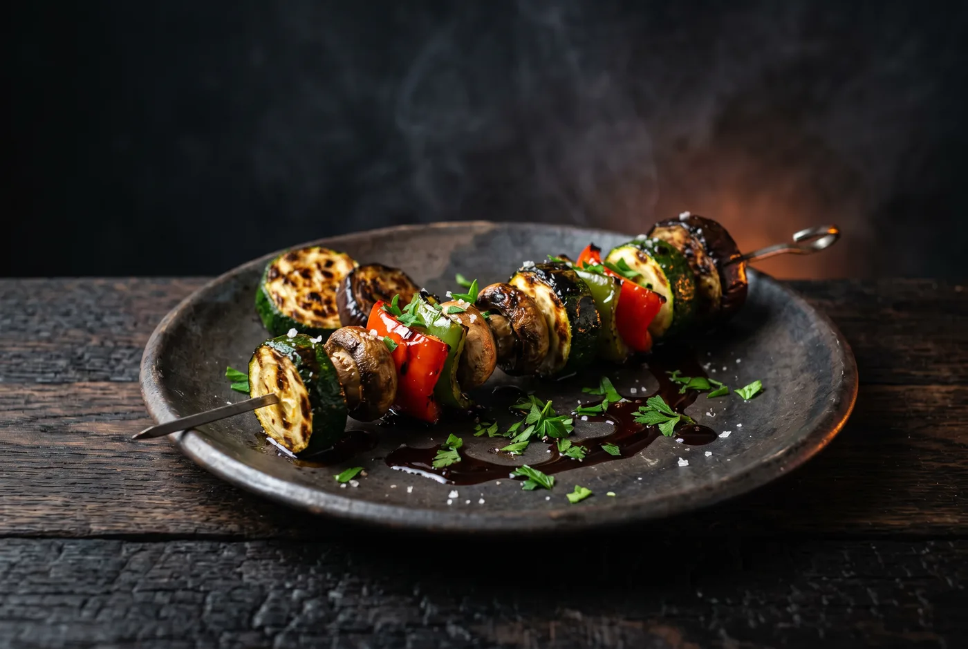 Brochette de Légumes — Courgette, poivron, champignon, aubergine ; sauce grenade