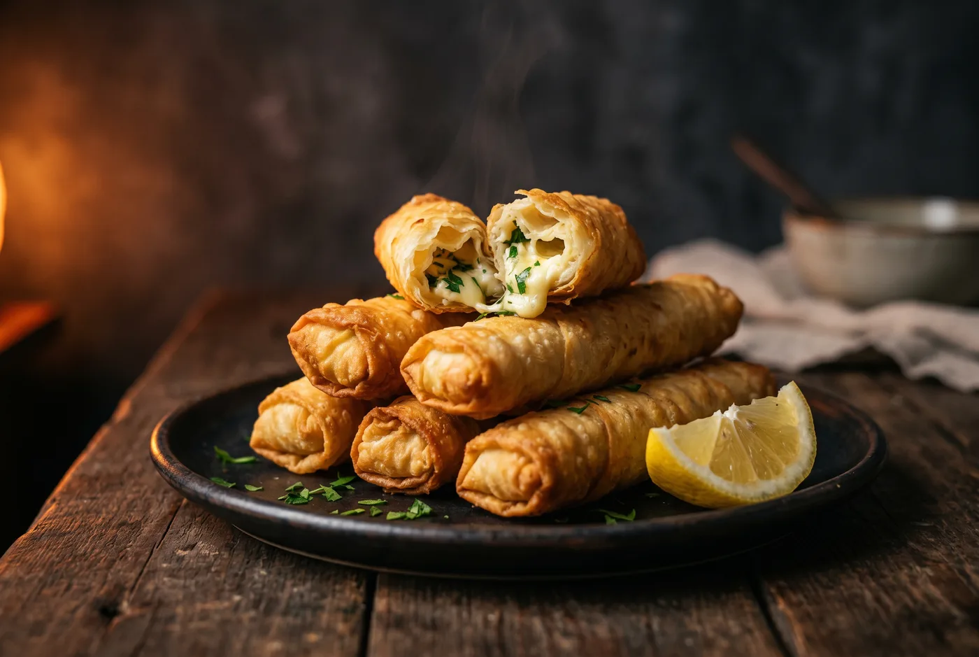 Böreks au Fromage — Feta, persil ; pâte filo croustillante. 6 pièces