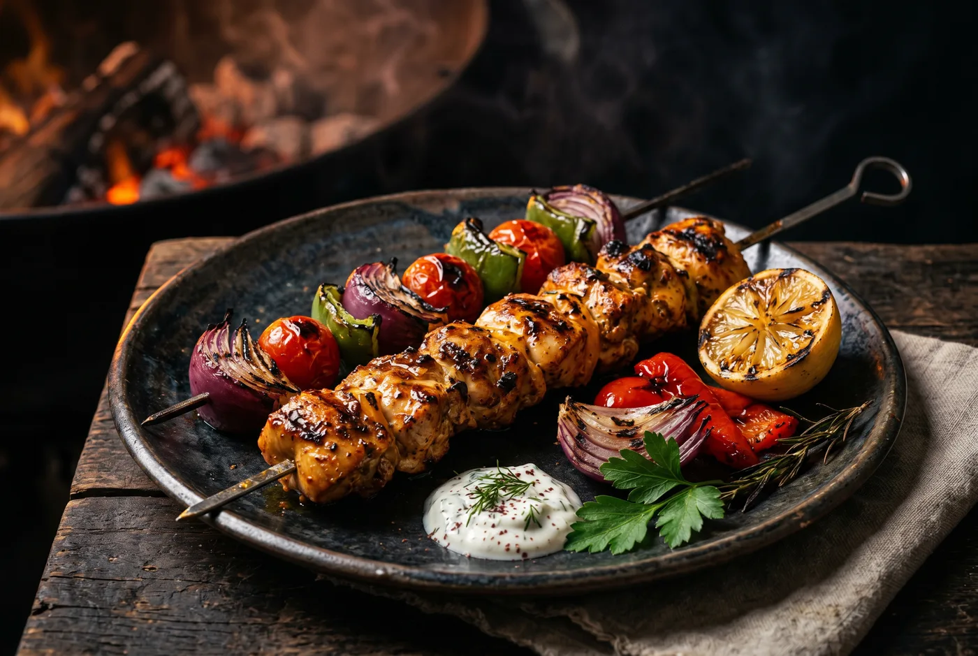 Brochette de Poulet — Poulet mariné au yaourt, légumes grillés