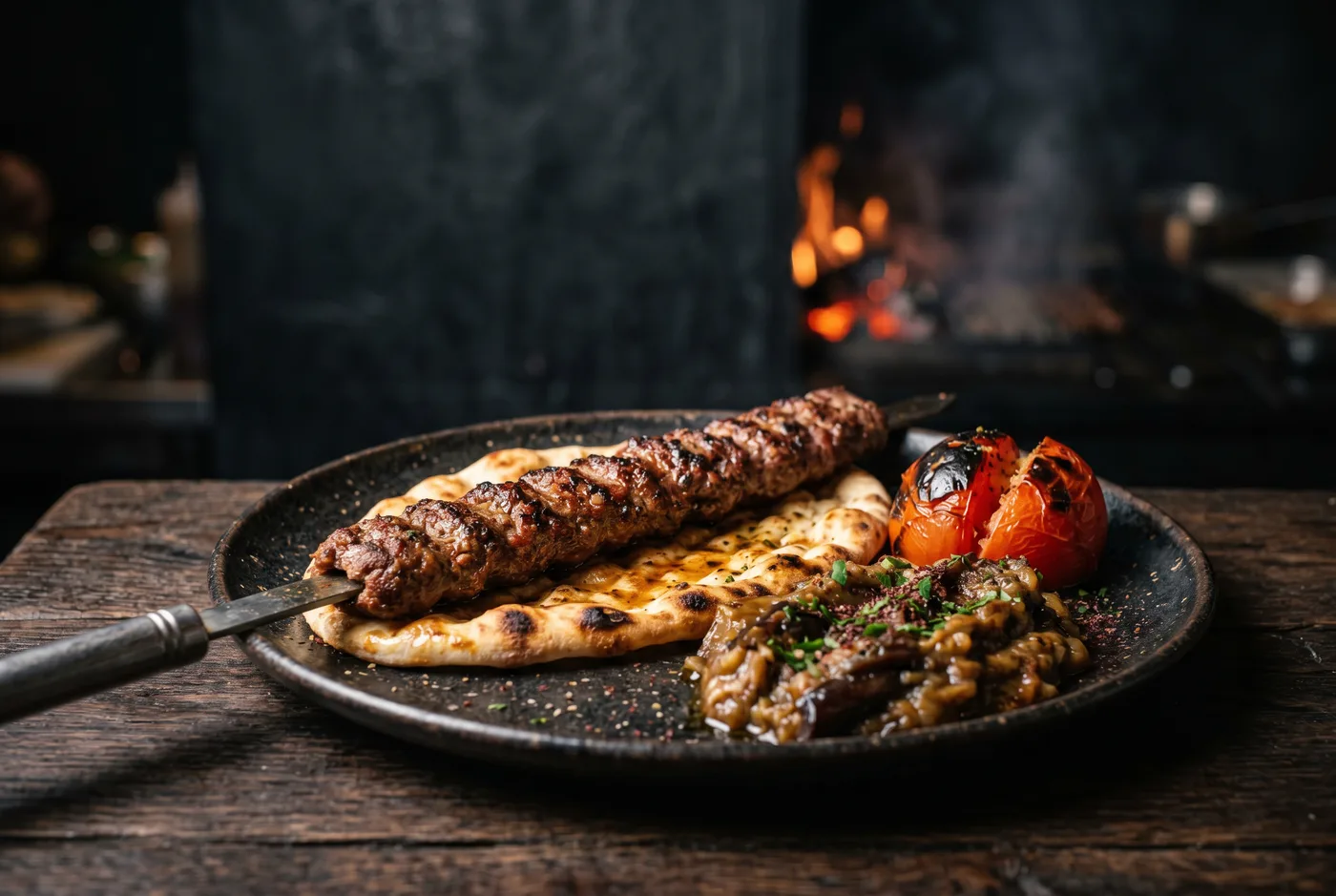 Kebab Urfa — Kebab d’agneau doux, tomate au beurre, aubergine braisée